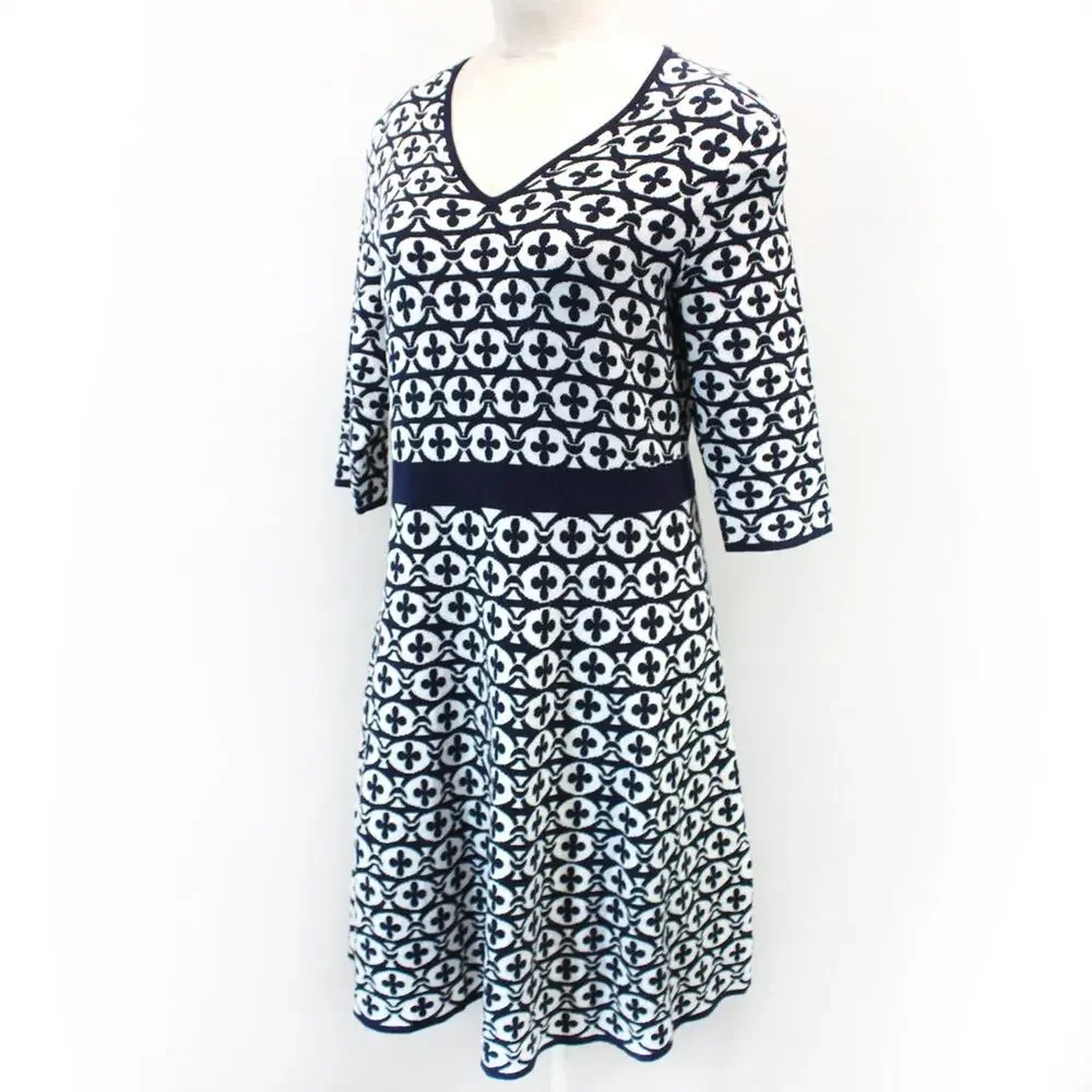 Boden Knit A-Line Dress Baroque-inspired Print V-Neck Soft Old Money Size 18